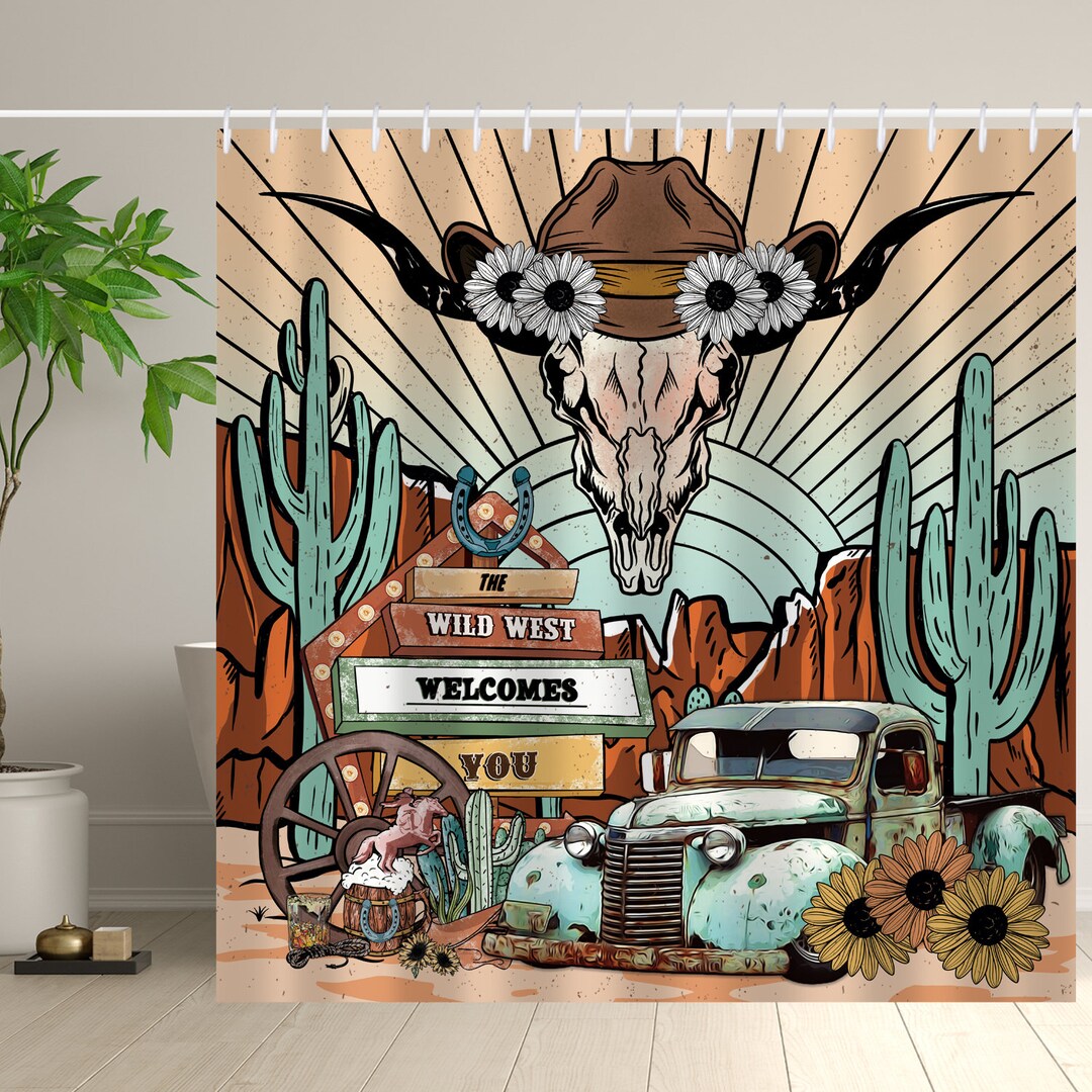 Western Car Shower Curtain, Western Cactus Waterproof Curtain With