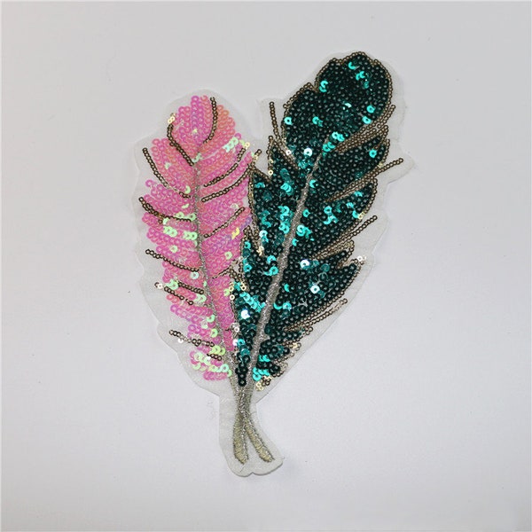 Sequin Feather Sew On Patch,Sparkling DIY Applique For Clothing Jacket Backpack Decoration