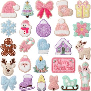 May include: A collection of twenty-five embroidered patches featuring holiday themes including a pink Santa hat, Christmas tree, bows, stockings, gift, snowflake, snowman, ornament, poinsettia, gingerbread man, candy cane, mitten, house, reindeer, candle, and nutcracker.