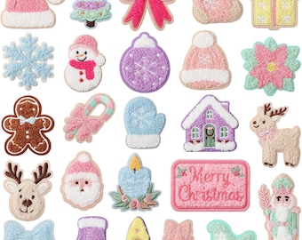 Chenille Christmas Patches,Iron On Embroidered Appliques, Snowman Candle Santa Reindeer, DIY Patch for Backpack Hat Shoes