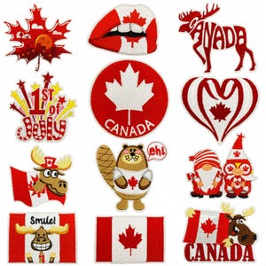 Può includere: Una collezione di toppe ricamate con simboli canadesi. I disegni includono una foglia d'acero, la bandiera canadese, un alce, un castoro e i testi "Canada" e "1st of July". Le toppe sono rosse, bianche e marroni.