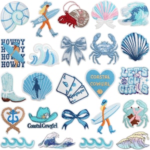 May include: A selection of embroidered patches with a coastal theme. Designs include seashells, waves, a cowboy hat, a surfboard, a crab, a bow, playing cards, and text that says "Coastal Cowgirl" and "Let's Go Girls". The patches are in shades of blue, white, and red.