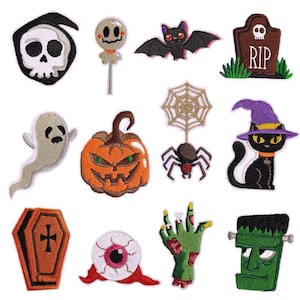 Puede incluir: Conjunto de 12 parches de planchado de Halloween con varios diseños espeluznantes, que incluyen un fantasma, una calabaza, una araña, un murciélago, una calavera y más.