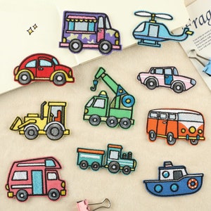 Voertuigborduurwerk zelfklevende patches,auto's trein bus helikopter onderzeeër patch,decoratie voor kleding tassen cartoon diy patches