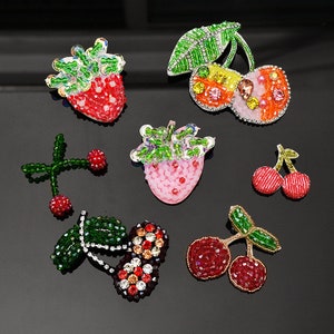 Handmade Rhinestone Cherry Sew On Patch,Beaded 3D Fruit Patch,Strawberry Beaded Patch,Clothing DIY Versatile Fashion Decorative Accessories