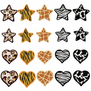 Peut inclure: Ensemble de 20 patchs thermocollants avec différents motifs d'imprimés animaliers. Les patchs sont en forme d'étoiles et de cœurs. Les imprimés animaliers comprennent le léopard, le zèbre, la girafe, le tigre et la vache.