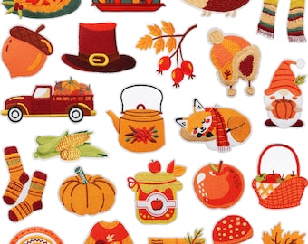 Autumn Thanksgiving Embroidered Patches,Pumpkin, Mushroom, Fox, Turkey, Fall Appliques for Clothing,Iron on Patch