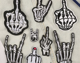 Skeleton Middle Finger Iron On Patch Bone Hand Sign Rock and Roll Black White Embroidered Emblem Badge Backpack Hat Jacket Coat T-Shirt