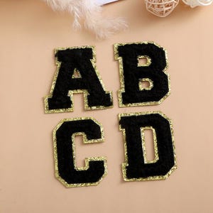 2,1 tums svart chenillebokstäverlapp, guldglitternummerlappar, broderad lappapplikation DIY namnbricka alfabet, självhäftande lapp