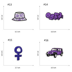 May include: Four purple iron-on patches. The first patch is a purple bucket hat with white spots. The second patch is a row of three purple sad faces. The third patch is a purple female symbol. The fourth patch is a purple jeep.