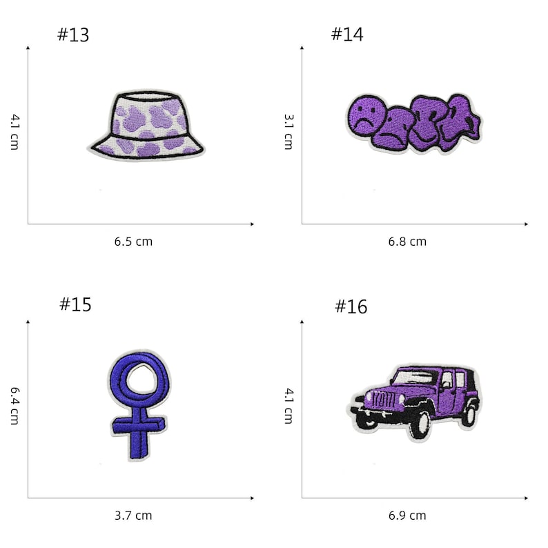 May include: Four purple iron-on patches. The first patch is a purple bucket hat with white spots. The second patch is a row of three purple sad faces. The third patch is a purple female symbol. The fourth patch is a purple jeep.