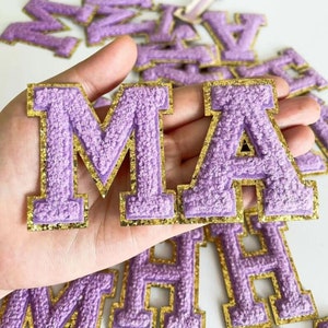 3.2 Inch Gold Glitter Chenille Patch,Purple Letters Embroidered Iron On Patch,Applique DIy Name Badge Alphabet Patches For Clothing Bags