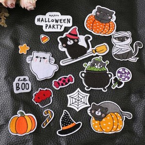 Geborduurde patch pompoen cartoon kitten,Candy Corn-patches,opstrijkbare patch-appliqué