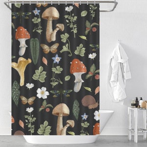 Cortina de ducha de setas, cortina impermeable de flores de plantas botánicas con ganchos, cortina de baño de decoración bohemia verde, regalos de decoración del hogar