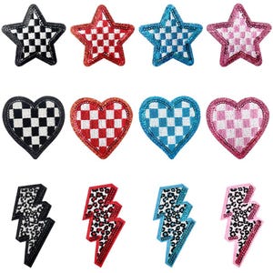 May include: Ten iron-on patches in various shapes and colours. The patches feature checkered, leopard print, and lightning bolt designs. The patches are perfect for adding a unique touch to clothing, bags, or other accessories.