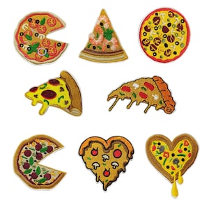 May include: Eight embroidered iron-on patches featuring different pizza designs. The patches are in various shapes, including a heart, a slice, and a whole pizza. The patches are yellow, red, green, and brown.