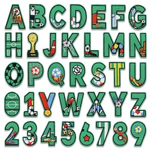 May include: A collection of green embroidered patches featuring the letters A through Z and numbers 0 through 9. Each character incorporates soccer-themed imagery, including soccer balls, players, trophies, cleats, whistles, and field markings.
