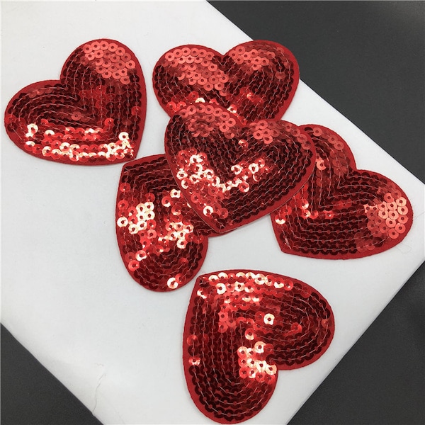 Red Heart Sequined Patch,Embroidered DIY Clothing & Bag Decoration,Sequined Red Heart Iron On Patch 5Pcs