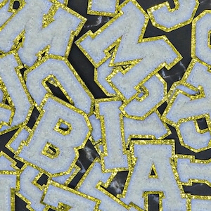 2.1 Inch White Chenille Letters Patch,Gold Glitter Number Patches,Embroidered Patch Applique DIY Name Badge Alphabet,Self-adhesive Patch