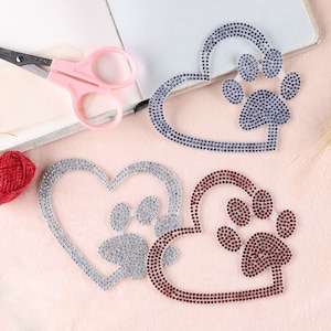 2pcs Rhinestone Heart Patch,Heart-Shaped Paw Print Rhinestone Patch,Love Heart Applique Patches,Self Adhesive Patch