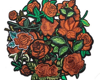 Vintage Rust Red & Coffee Brown Rose Patch,Flower Floral Embroidered Patch,Iron On Patch