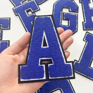 Letras azuis de 4,7 polegadas Chenille Iron On Patch, Grande Patch de letras, Letras de apliques bordados DIY Nome Emblema Patches de alfabeto