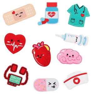 Cartoon medische elementen borduurwerk patch, verpleegster uniform patch, wondplast patch, hart patches, pil patch, stethoscoop patch, opstrijkbare patches