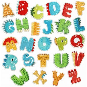 May include: A collection of colorful dinosaur-themed alphabet patches. Each letter is a different color and features a unique dinosaur design. The patches are embroidered and have a white border. Great for decorating clothing or accessories.