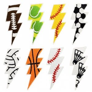 May include: Eight iron-on patches in the shape of lightning bolts, each featuring a different sport: football, tennis, softball, soccer, baseball, basketball, volleyball, and badminton.