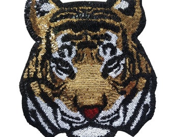 Sequin Tiger Head Iron On Patch,Glitter Patch,Sparkling Bengal DIY Applique Motif for Kid Adult Clothing Jacket Backpack Decoration