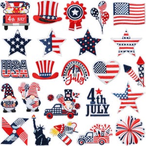 May include: A collection of embroidered patches with patriotic themes. Designs include stars, flags, top hats, gnomes, and the text "4th of July" in red, white, and blue. Ideal for crafting or decorating.