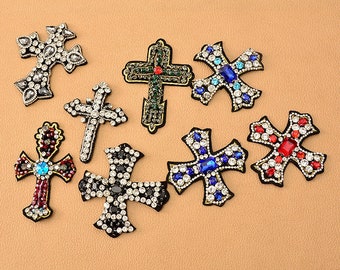 Handmade Rhinestone Cross Sew On Patch,Embroidered Patch Applique Decoration,Bling Beaded Rhinestone Cross,DIY Decorative Accessory