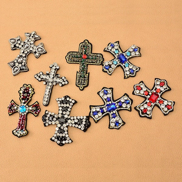 Handmade Rhinestone Cross Sew On Patch,Embroidered Patch Applique Decoration,Bling Beaded Rhinestone Cross,DIY Decorative Accessory