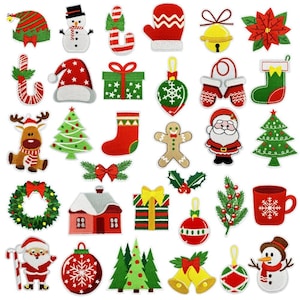 May include: A set of 25 iron-on Christmas themed patches. The patches feature a variety of designs, including a snowman, a Christmas tree, a stocking, a gingerbread man, a Father Christmas, a reindeer, a bell, a candy cane, a gift box, a wreath, a house, a snowflake, a poinsettia, a mitten, a stocking, a Christmas bauble, and a Christmas tree. The patches are all in red, green, white, and gold colours.