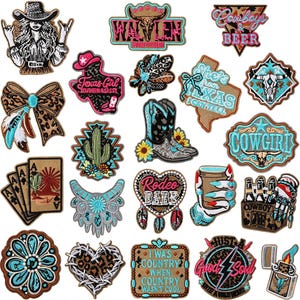 May include: A collection of embroidered iron-on patches featuring Western-themed designs including cowgirls, cowboy boots, cacti, Texas-shaped motifs, turquoise jewellery, playing cards, leopard print bows, and various slogans like Rodeo Babe and Good Soul.