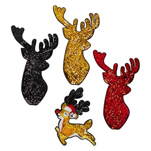 May include: Four sequined Christmas reindeer patches in black, gold, and red. One reindeer is a full body design with a Santa hat and red nose. The other three are reindeer heads.
