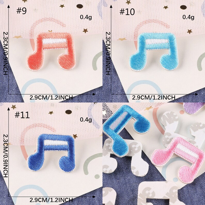 May include: Four iron-on patches in the shape of a musical note. The patches are 2.3 cm by 2.9 cm and weigh 0.4 grams each. The patches are blue, pink, red, and light blue with white accents.
