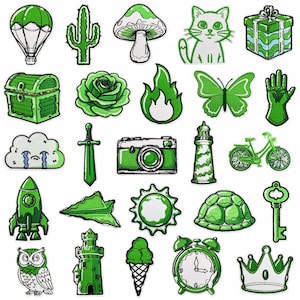 May include: A selection of green and white embroidered patches with diverse designs. Includes a hot air balloon, cactus, mushroom, cat, gift box, treasure chest, rose, flame, butterfly, glove, cloud, sword, camera, lighthouse, bicycle, rocket, map, sun, turtle, key, owl, castle, ice cream, alarm clock, and crown.
