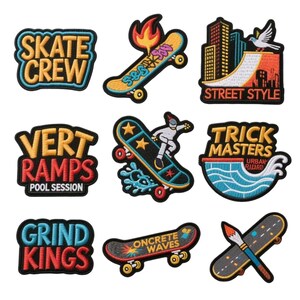 May include: A collection of embroidered patches featuring skateboarding themes. Designs include skateboards with flames, cityscapes, and text like "SKATE CREW," "STREET STYLE," and "GRIND KINGS." The patches are in various colors with detailed stitching.
