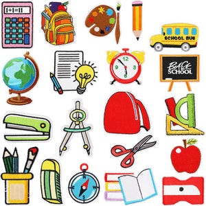 Schoolpatches, borduurpatches voor onderwijselementen, schoolbuspatch, schooltas, boek, potlood, wereldbol, briefpapier, cartoonpatches opstrijkbaar