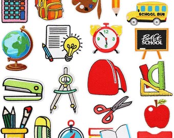 School Patches,Education Elements Embroidery Patches,School Bus Patch,Schoolbag,Book,Pencil,Globe,Stationery,Cartoon Patches Iron On