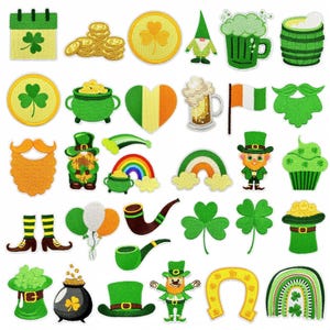 May include: A collection of St. Patrick's Day themed patches. The patches include shamrocks, pots of gold, leprechauns, rainbows, beer mugs, and Irish flags. The color palette is primarily green, gold, and white.