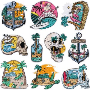 May include: A collection of nine embroidered patches featuring tropical and nautical themes, including skeletons surfing, skulls with ocean scenes, anchors, palm trees, a sea turtle, and an alien relaxing on a beach with a sun and waves.