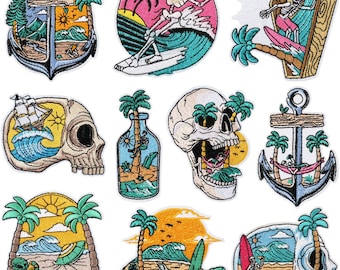 Retro Surfing Skull Embroidered Patch,Iron-On Tropical Beach Palm Tree Anchor DIY Patch,Surfing Skeleton Badge Patches