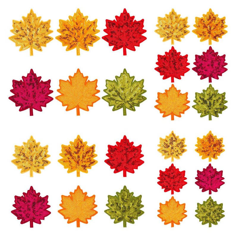 Pu&ograve; includere: Una collezione di toppe a forma di foglia d'acero ricoperte di paillettes scintillanti. Il set include vari colori come giallo brillante, arancione, rosso intenso, magenta e verde lime, disposti in uno schema a griglia su sfondo bianco.