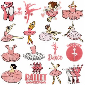 May include: A selection of pink ballet-themed patches. The patches depict ballet dancers in different poses, ballet shoes, tutus, and the word "Ballet". Some patches include hearts and floral details. The patches are embroidered.