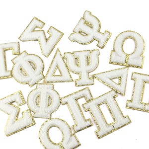 Weiß griechische Buchstaben Chenille Aufnäher zum Aufbügeln,Gold Glitter Buchstabe Patch, gestickte Applikation Buchstaben DIY Patches