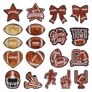 May include: A collection of sequined iron-on patches featuring American football themes, including stars, bows, footballs, hearts, helmets, cleats, a player silhouette, a foam finger, goal posts, and text reading Game Day, Touch Down, and Go Football.