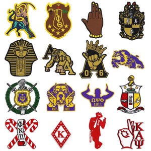 May include: A collection of embroidered patches featuring various designs, including Greek letters, symbols, and figures. The patches showcase a range of colors, such as gold, purple, red, and brown, with intricate details and stitching. Some patches include text.