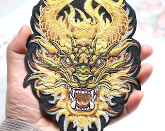 Toppa a forma di testa di drago, toppa grande, toppa ricamata a forma di drago, applicazione decorativa per abbigliamento, toppa termoadesiva